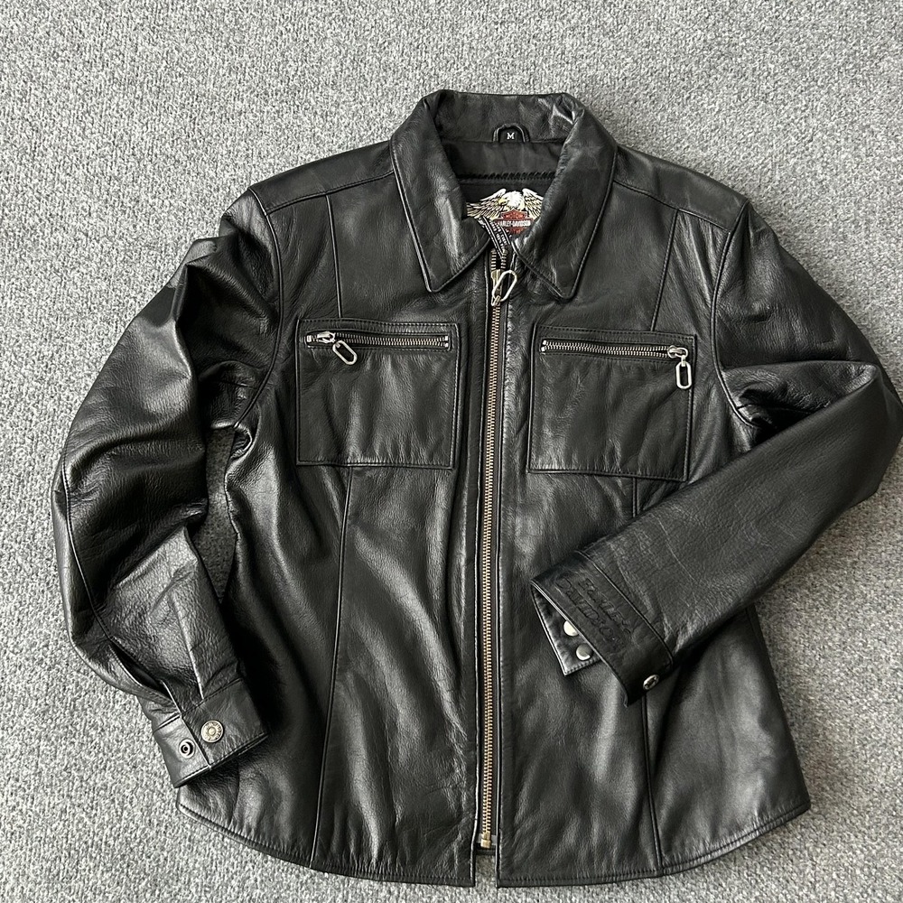 Harley Davidson Jacket Womens Medium Black Leather‎ Motorcycle Moto Vintage